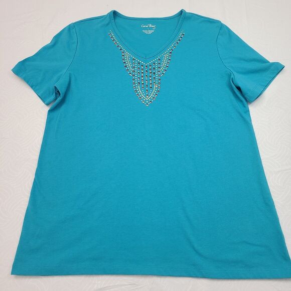 Coral Bay Womens Embellished V-Neck Blue Short Sleeve Top Size L - Picture 1 of 5